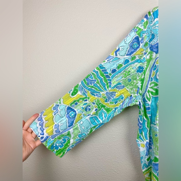 VTG Alfred Dunner Women's 14P Semi Sheer Colorful Fish Print Blouse Roll Tab - Picture 6 of 11